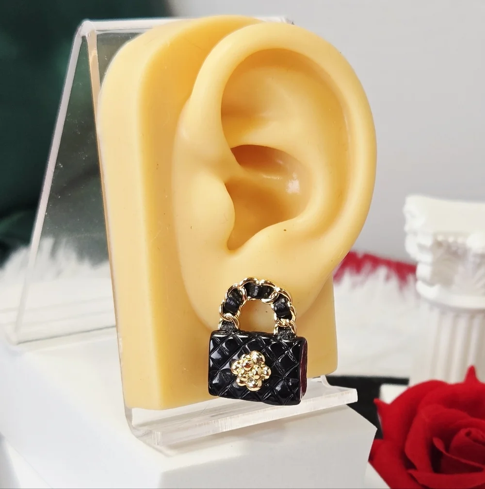 Black Quilted Handbag Stud Earrings Mini Purse Fashion Statement Studs Y2K Glam